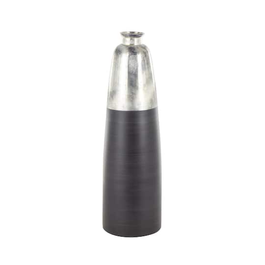 34" Black Glass Brushed Two-Toned Floor Vase with Textured Silver Top